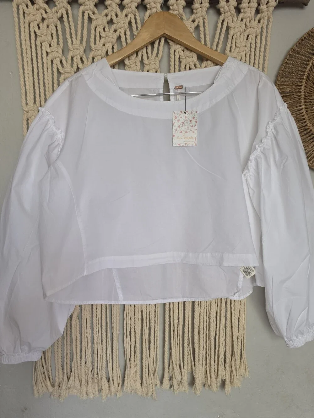 Free People White Cotton Puff-Sleeve Cropped Blouse